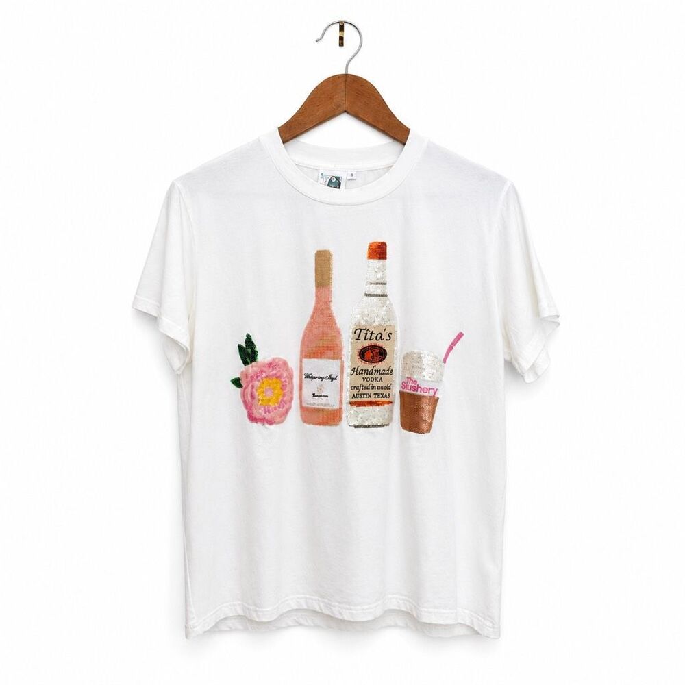 Queen of Sparkles Tito’s Vodka Sequin Graphic Tee Shirt White Women’s Size Small